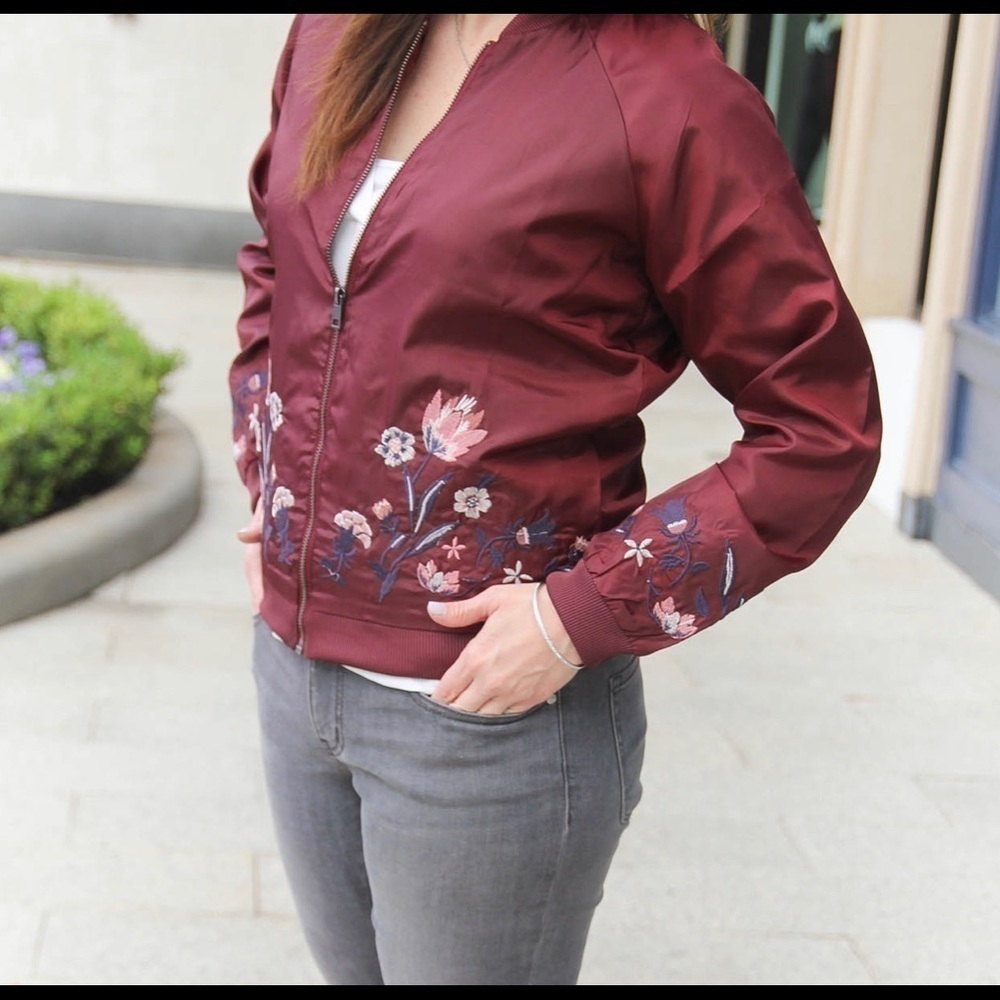 LOVE FIRE FLORAL BOMBER BURGUNDY EMBROIDERED SATIN JACKET SMALL